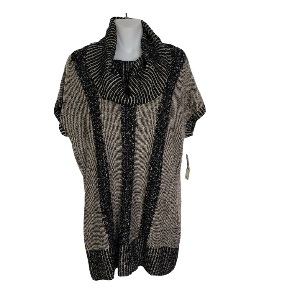 Fever Womens Sweater Large Black Beige Pullover Turtleneck Short Sleeve Knit Rib